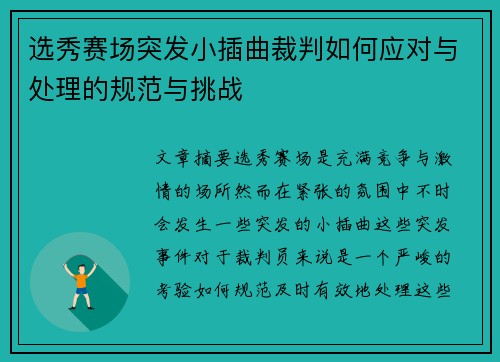 选秀赛场突发小插曲裁判如何应对与处理的规范与挑战
