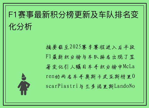 F1赛事最新积分榜更新及车队排名变化分析 F1赛事最新积分榜更新及车队排名变化分析