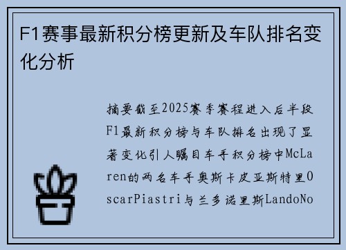 F1赛事最新积分榜更新及车队排名变化分析 F1赛事最新积分榜更新及车队排名变化分析