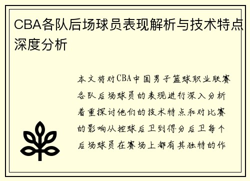 CBA各队后场球员表现解析与技术特点深度分析
